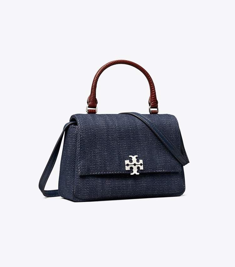 Tory Burch designer クロスボディバッグ チャーリー デニム トップハンドル ミニ クロスボディバッグ in Midnight angle