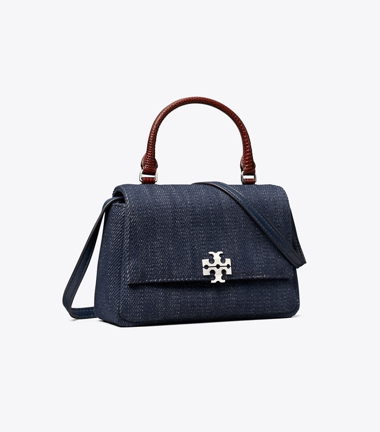 Tory Burch designer クロスボディバッグ チャーリー デニム トップハンドル ミニ クロスボディバッグ in Midnight angle
