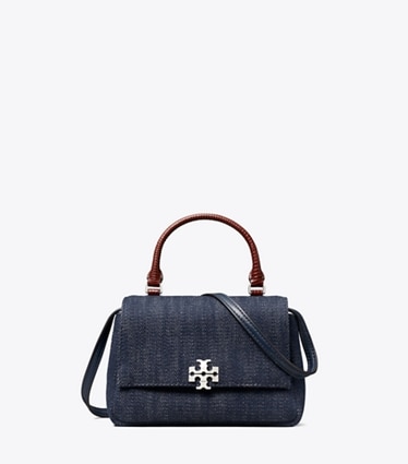 Tory Burch designer クロスボディバッグ チャーリー デニム トップハンドル ミニ クロスボディバッグ in Midnight front
