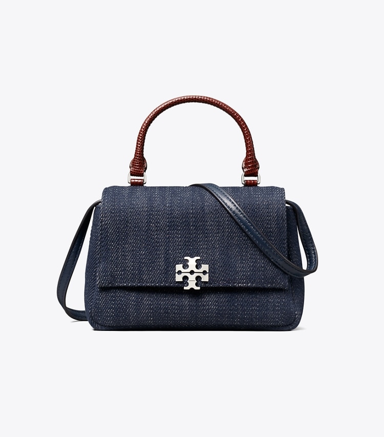 Tory Burch designer クロスボディバッグ チャーリー デニム トップハンドル ミニ クロスボディバッグ in Midnight front