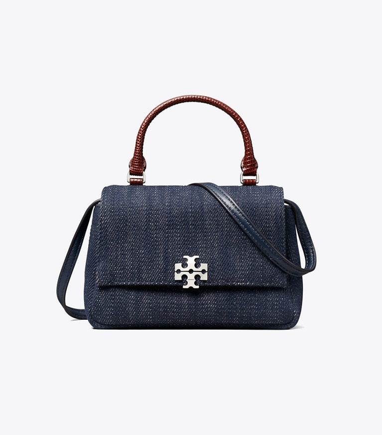 Tory Burch designer クロスボディバッグ チャーリー デニム トップハンドル ミニ クロスボディバッグ in Midnight front