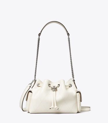Tory Burch designer crossbody bags Mini Charlie Quilted Drawstring Shoulder Bag in Light Cream front