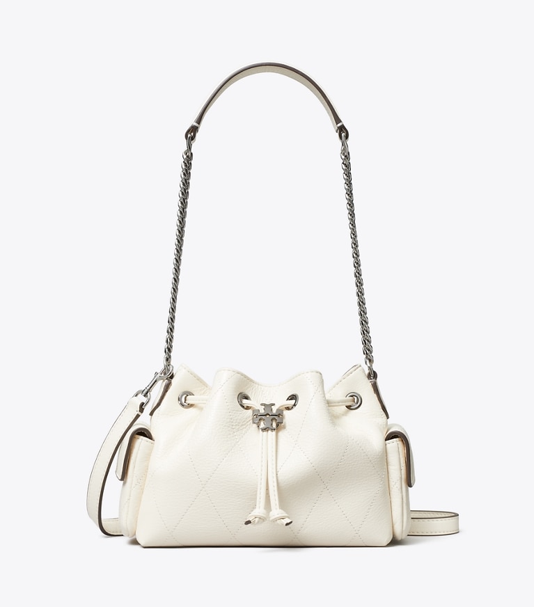 Tory Burch designer crossbody bags Mini Charlie Quilted Drawstring Shoulder Bag in Light Cream front