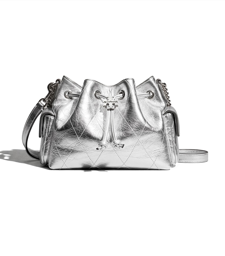 Tory Burch designer crossbody bags Mini Charlie Quilted Metallic Drawstring Shoulder Bag in Silver additional