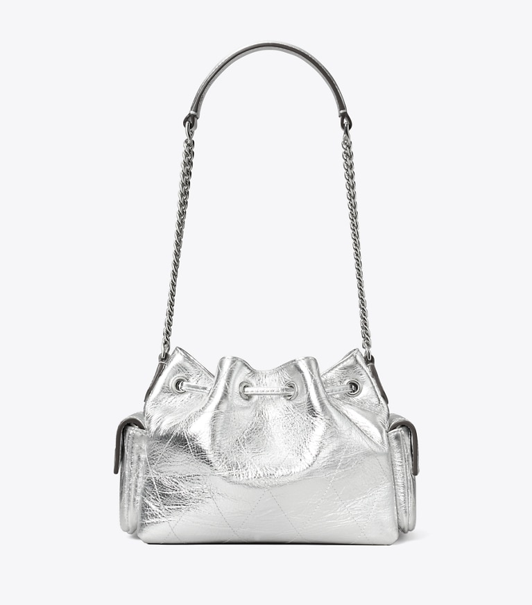 Tory Burch designer crossbody bags Mini Charlie Quilted Metallic Drawstring Shoulder Bag in Silver back