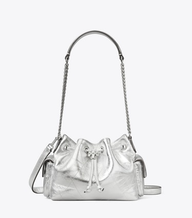 Tory Burch designer crossbody bags Mini Charlie Quilted Metallic Drawstring Shoulder Bag in Silver front