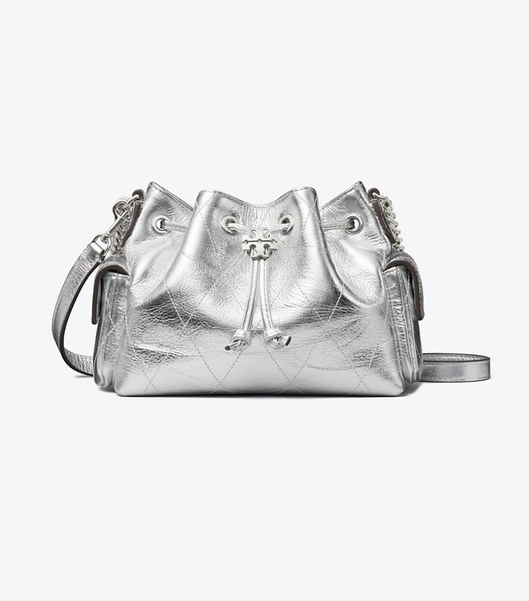 Tory Burch designer crossbody bags Mini Charlie Quilted Metallic Drawstring Shoulder Bag in Silver front