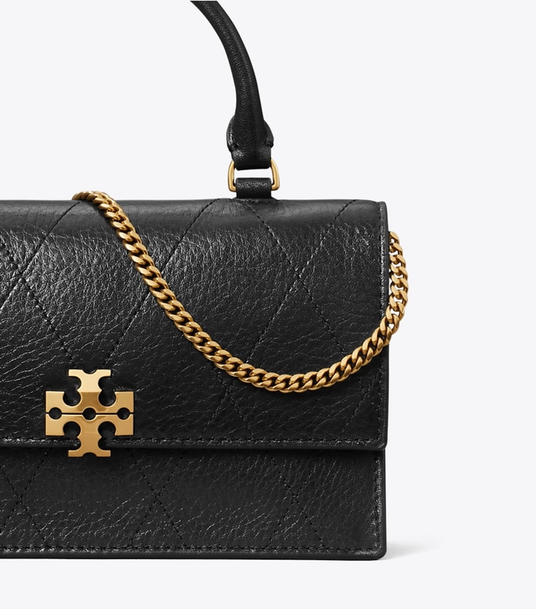 Tory Burch designer crossbody bags Mini Charlie Quilted Top-Handle Bag in BLACK detail