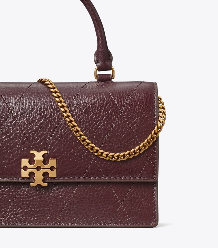 Tory Burch designer crossbody bags Mini Charlie Quilted Top-Handle Bag in Vintage Bordeaux detail
