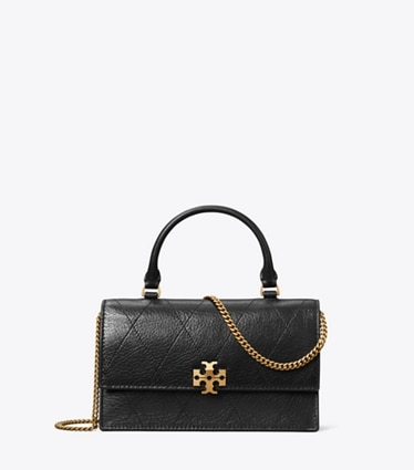 Tory Burch designer crossbody bags Mini Charlie Quilted Top-Handle Bag in BLACK front