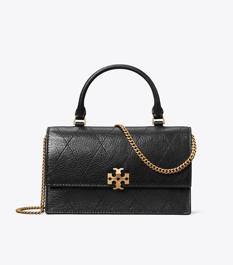 Tory Burch designer crossbody bags Mini Charlie Quilted Top-Handle Bag in BLACK front
