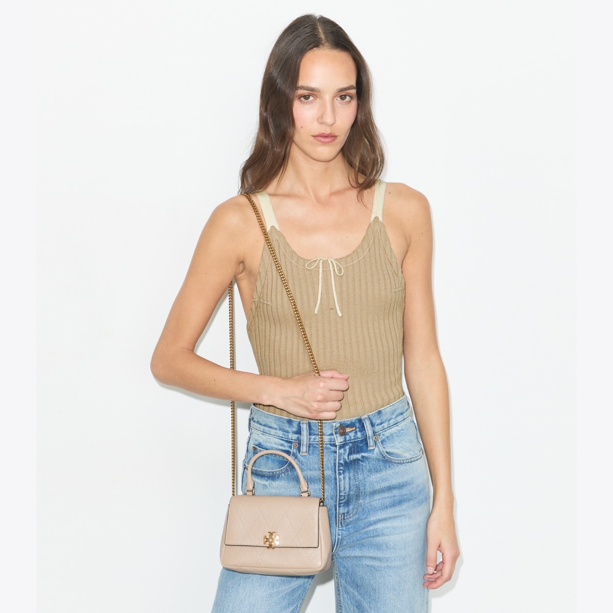 Mini Charlie Quilted Top-Handle Crossbody in beige | Tory Burch