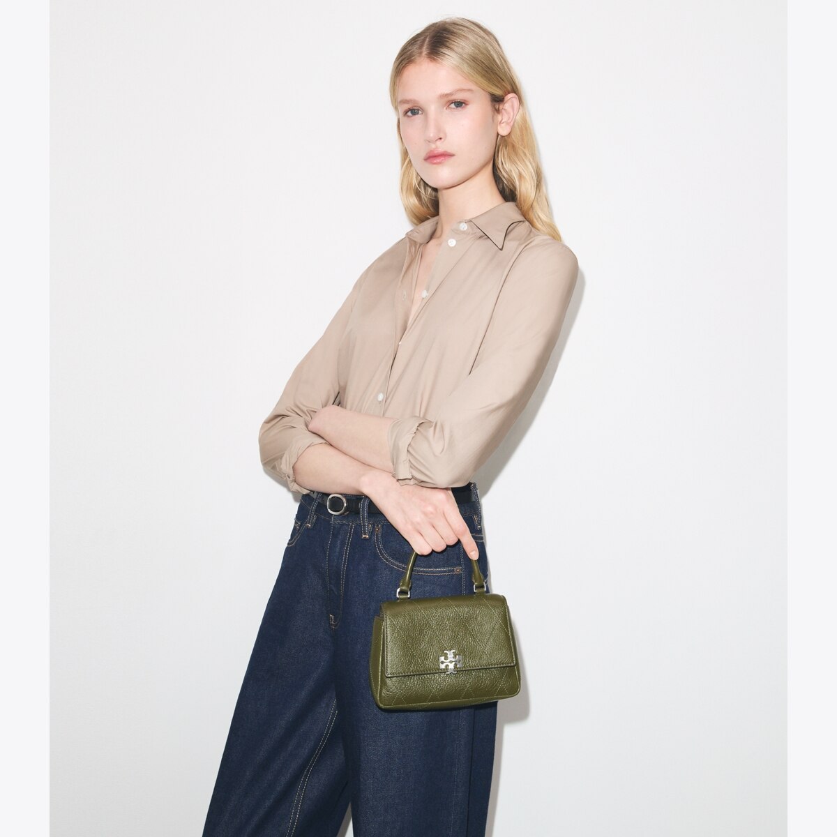 Mini Charlie Quilted Top-Handle Crossbody in olive green | Tory Burch