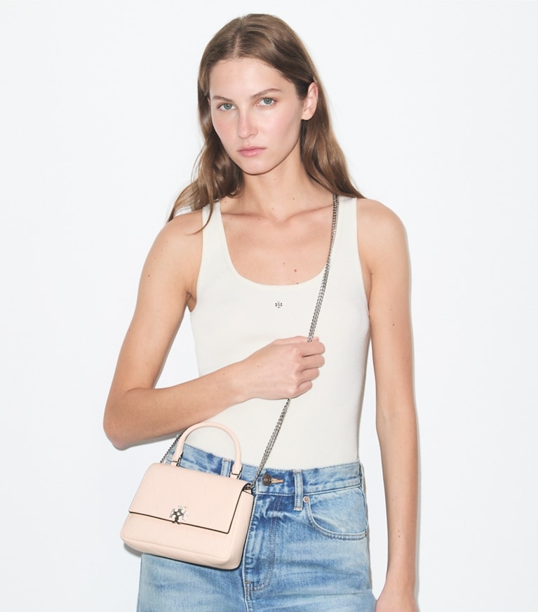 Tory Burch designer crossbody bags Mini Charlie Quilted Top-Handle Crossbody in Soft Pink additional on model