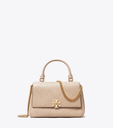 Tory Burch designer crossbody bags Mini Charlie Quilted Top-Handle Crossbody in Soft Cement front