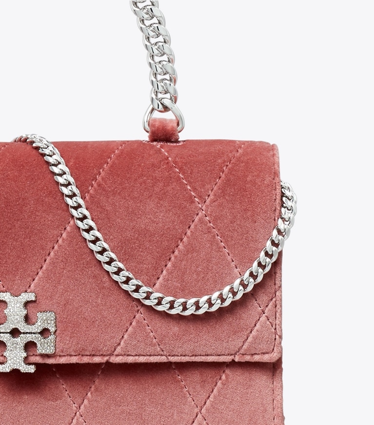 Tory Burch designer crossbody bags Mini Charlie Quilted Velvet Pavé Top-Handle Crossbody in Desert Flower detail