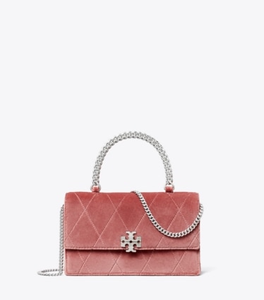 Tory Burch designer crossbody bags Mini Charlie Quilted Velvet Pavé Top-Handle Crossbody in Desert Flower front