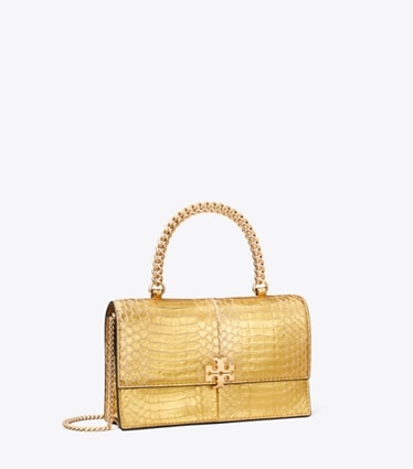 Tory Burch designer crossbody bags Mini Charlie Snake Top-Handle Crossbody in Gold angle