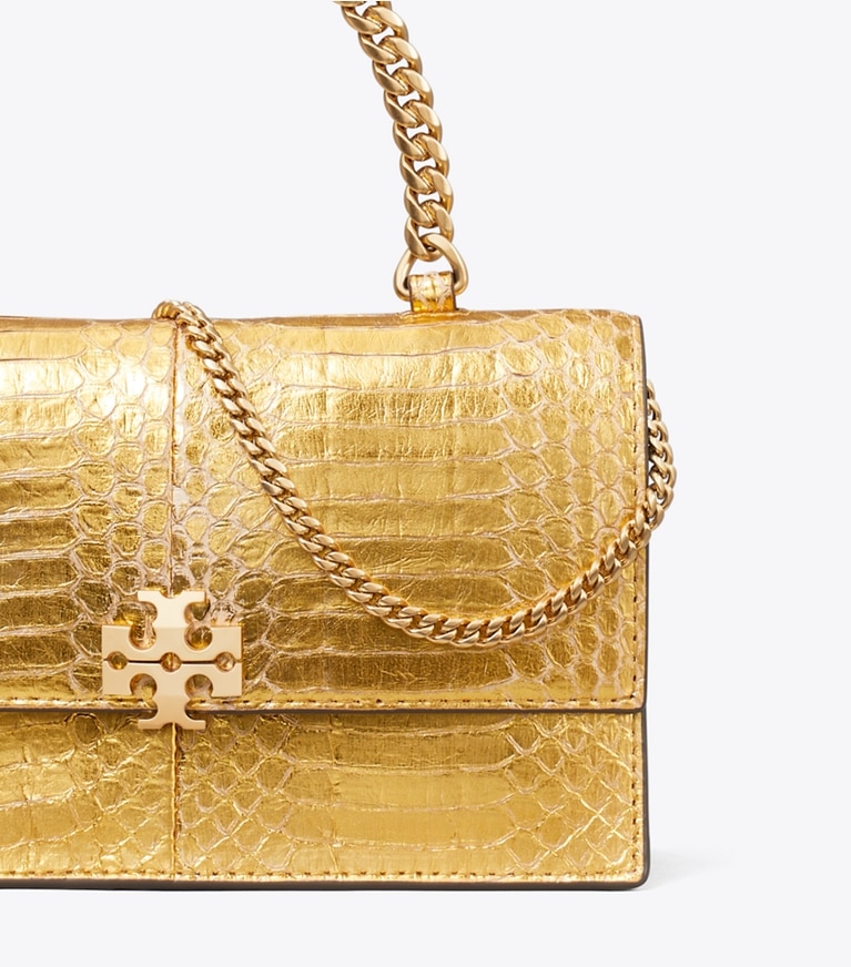 Tory Burch designer crossbody bags Mini Charlie Snake Top-Handle Crossbody in Gold detail