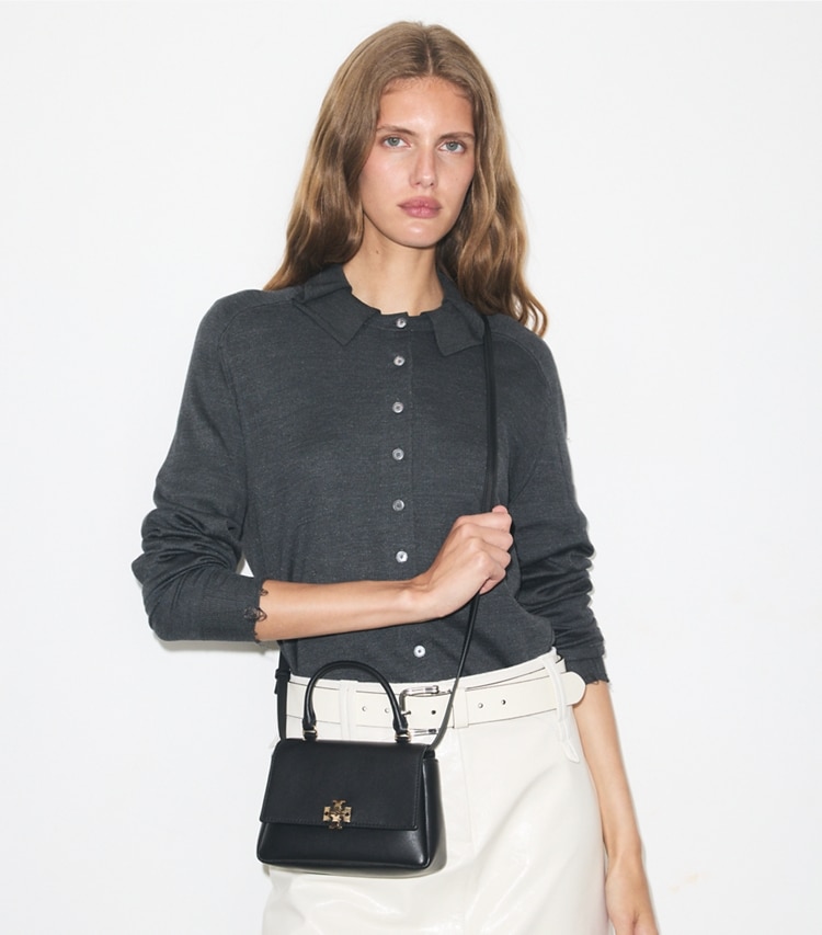 Tory Burch designer crossbody bags Mini Charlie Top-Handle Crossbody in Black additional on model
