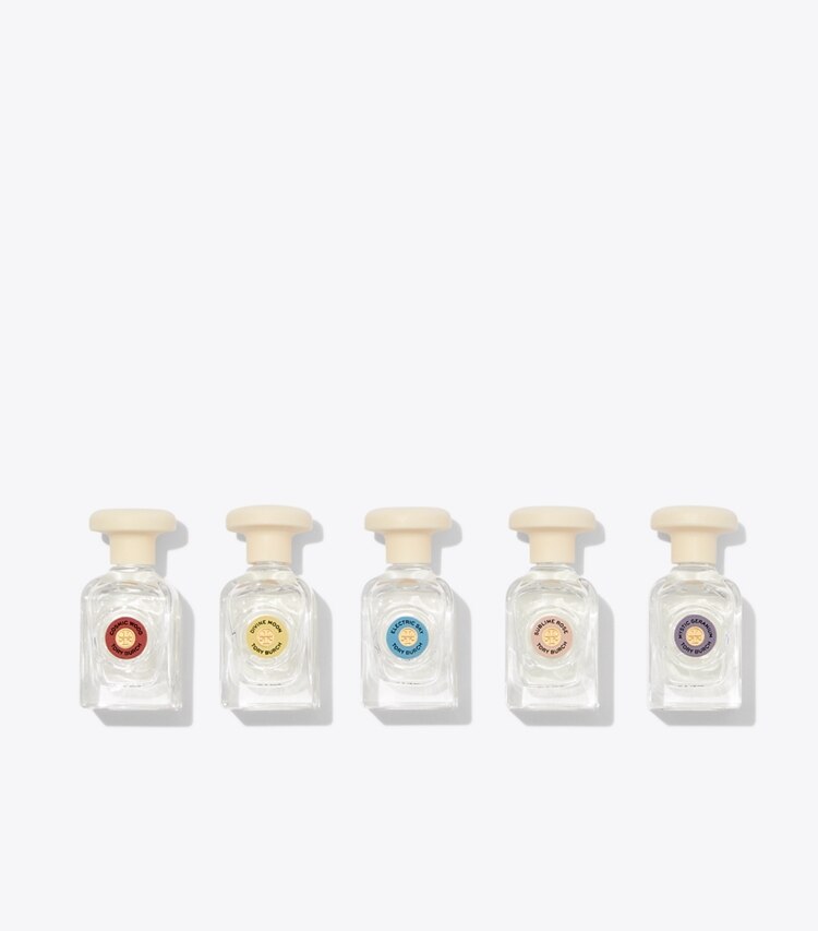 Tory Burch designer perfume Mini Coffret Set in • Cosmic Wood/Divine Moon/Electric Sky/Sublime Rose/Mystic Geranium detail