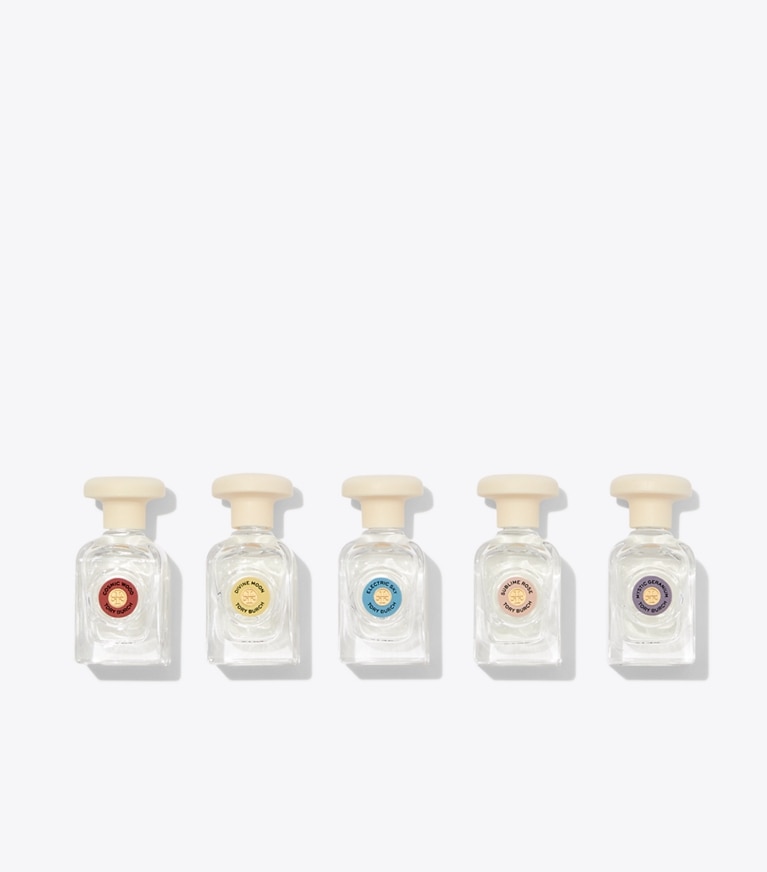 Tory Burch designer perfume Mini Coffret Set in • Cosmic Wood/Divine Moon/Electric Sky/Sublime Rose/Mystic Geranium detail