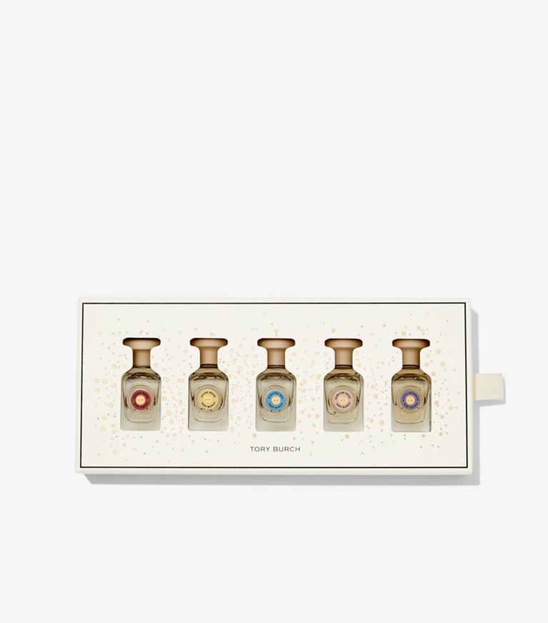 Tory Burch designer perfume Mini Coffret Set in • Cosmic Wood/Divine Moon/Electric Sky/Sublime Rose/Mystic Geranium front