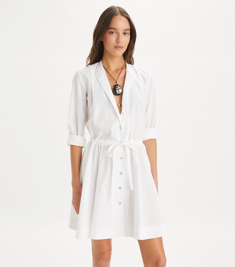 Tory Burch designer coverups Mini Cotton Dress in White on model detail