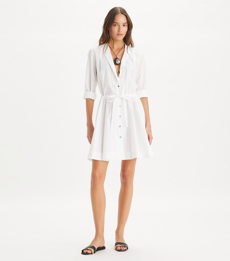 Tory Burch designer coverups Mini Cotton Dress in White on model front