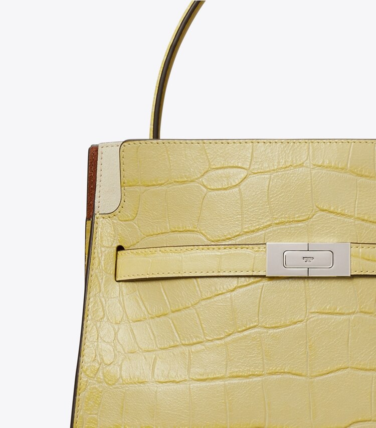 Tory Burch designer bauletto Mini double bag Lee Radziwill con rilievo in Yellow Sky dettaglio