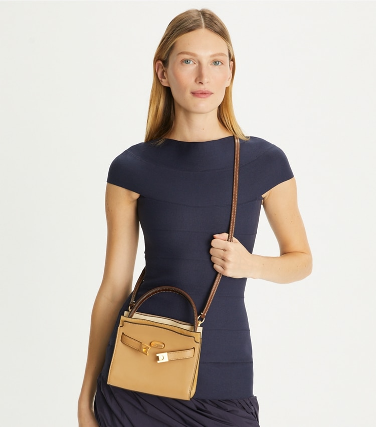 Tory Burch designer sacs à bandoulière Mini double sac Lee Radziwill in Ginger Shortbread additional on model