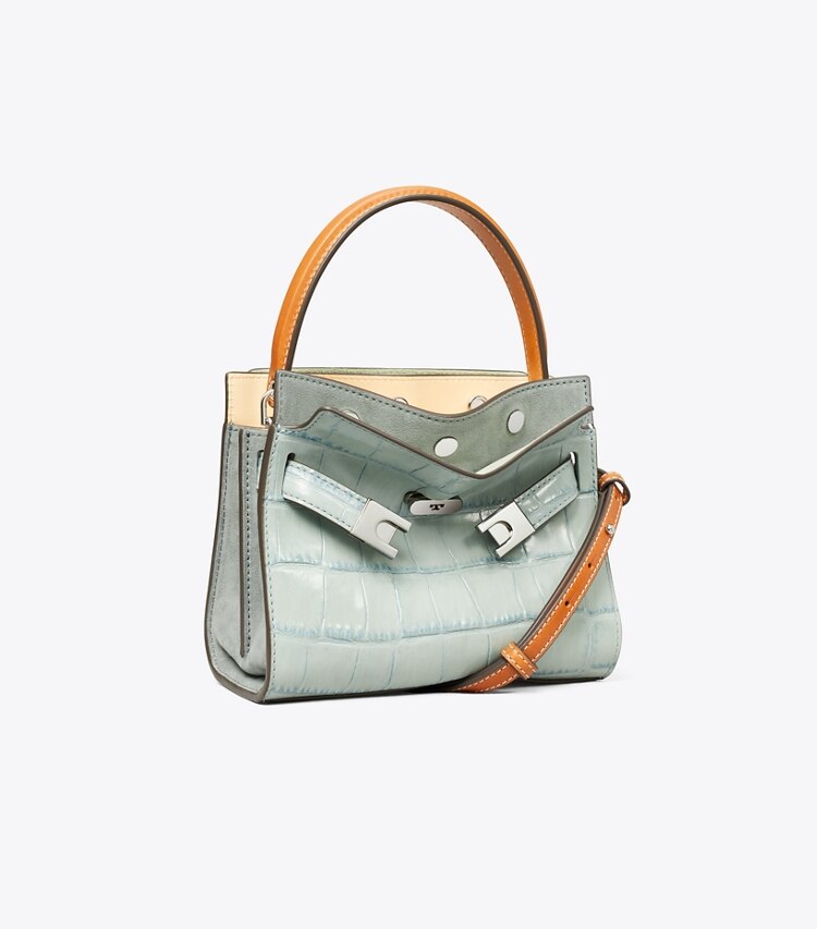 Tory Burch designer sacs à bandoulière Mini double sac Lee Radziwill en cuir embossé effet croco in Blue Celadon angle