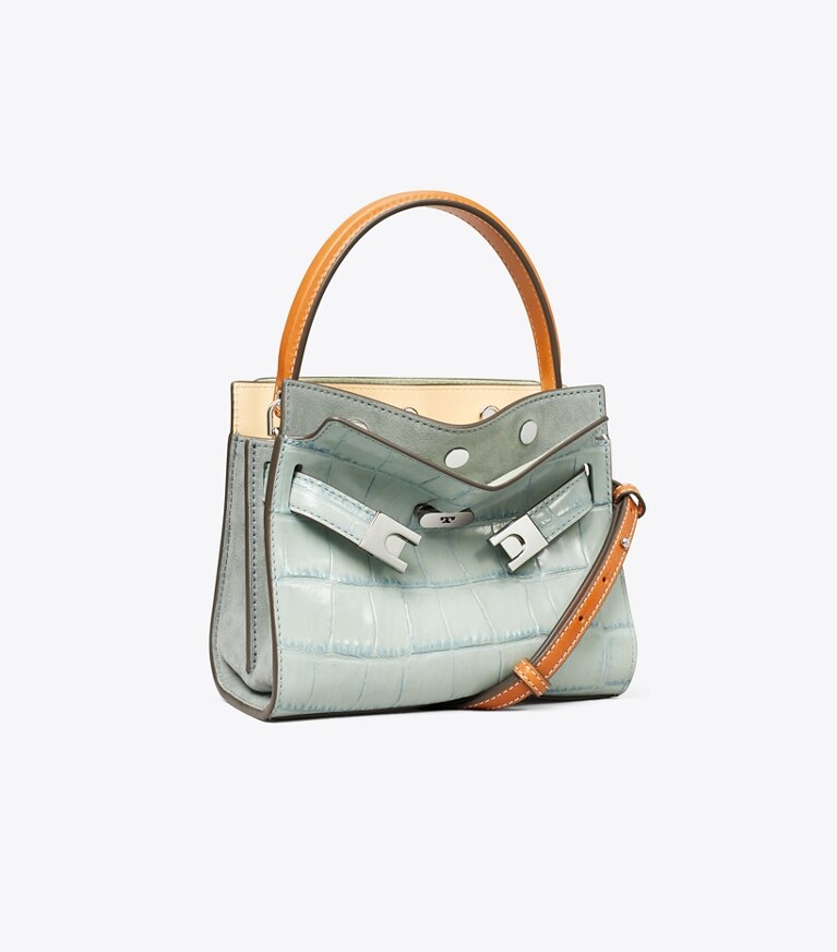 Tory Burch designer sacs à bandoulière Mini double sac Lee Radziwill en cuir embossé effet croco in Blue Celadon angle