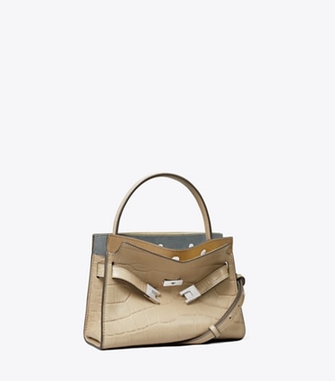 Tory Burch designer sacs à bandoulière Mini double sac Lee Radziwill en cuir embossé effet croco in Ginger Leaf angle