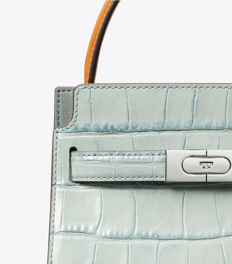 Tory Burch designer sacs à bandoulière Mini double sac Lee Radziwill en cuir embossé effet croco in Blue Celadon angle