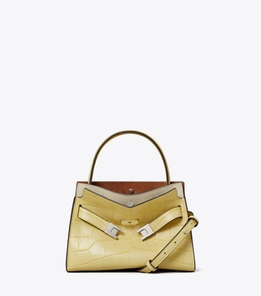 Tory Burch designer sacs à bandoulière Mini double sac Lee Radziwill en cuir embossé effet croco in Yellow Sky front