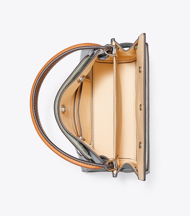 Tory Burch designer sacs à bandoulière Mini double sac Lee Radziwill en cuir embossé effet croco in Blue Celadon angle