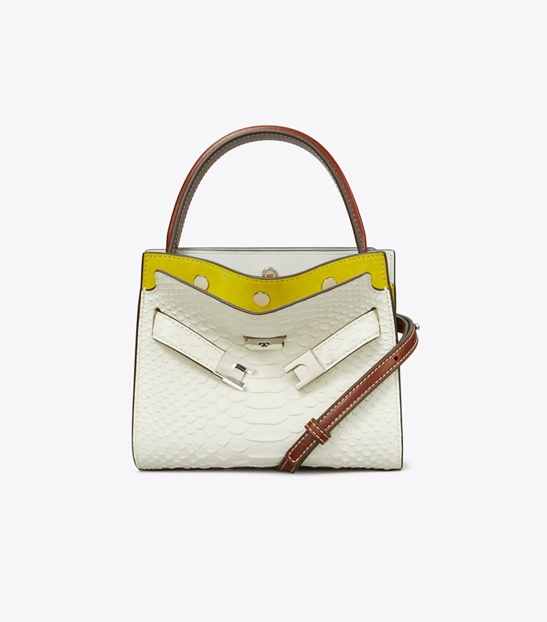 Tory Burch designer sacs à bandoulière Mini double sac Lee Radziwill en cuir embossé effet serpent in Blanc angle