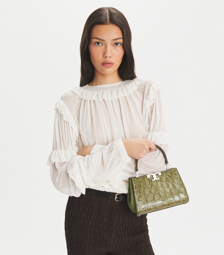 Tory Burch designer crossbody bags Mini Eleanor Croc-Embossed Satchel in Soft Ivy angle