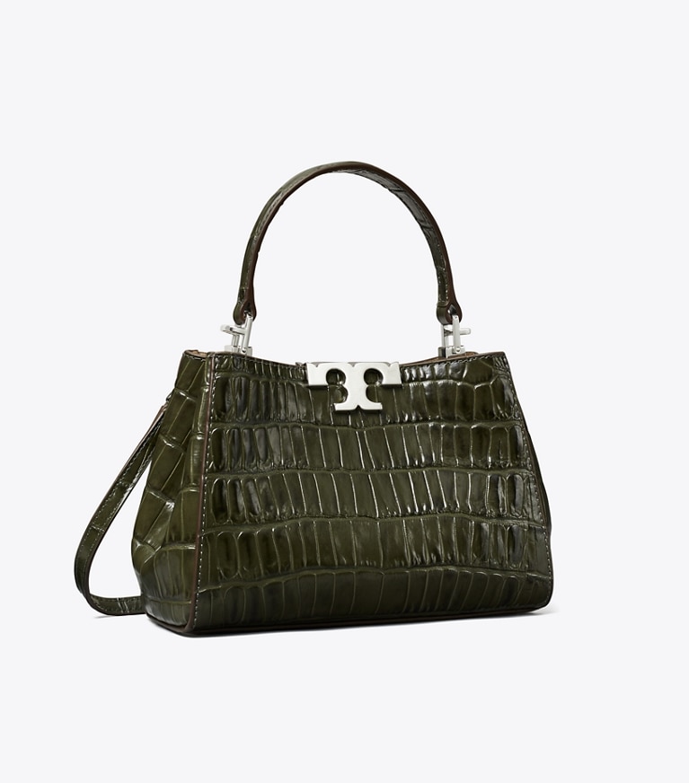 Tory Burch designer crossbody bags Mini Eleanor Croc-Embossed Satchel in Artichoke angle