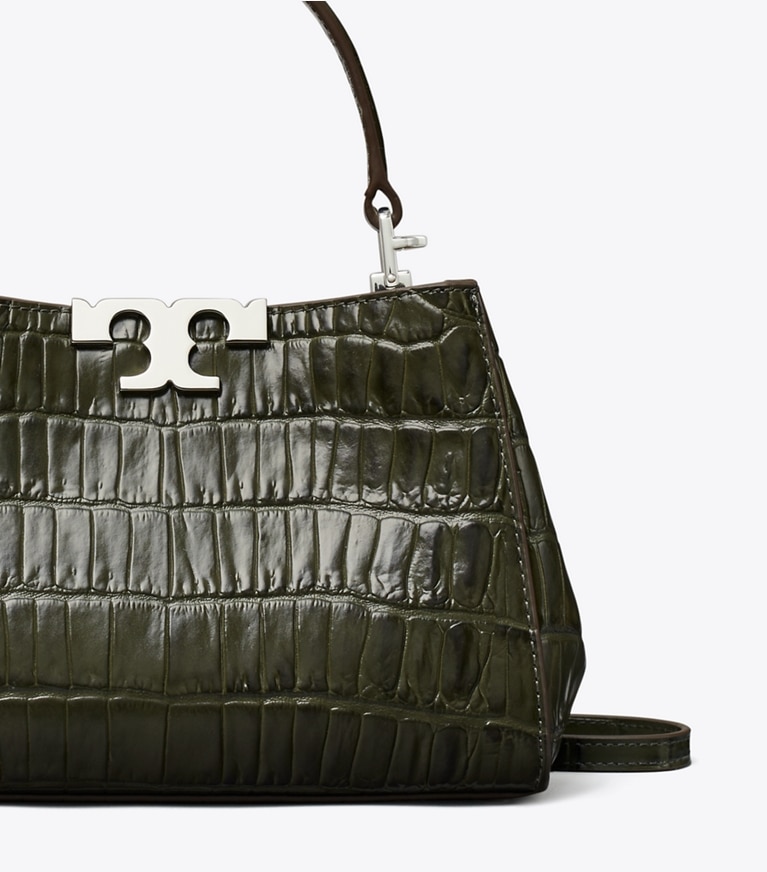 Tory Burch designer crossbody bags Mini Eleanor Croc-Embossed Satchel in Artichoke detail