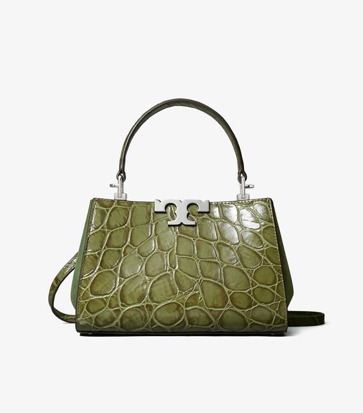 Tory Burch designer crossbody bags Mini Eleanor Croc-Embossed Satchel in Soft Ivy front