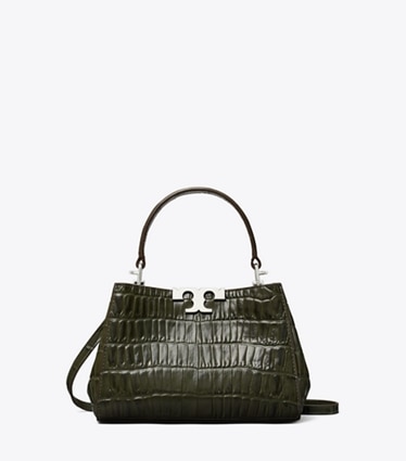 Tory Burch designer crossbody bags Mini Eleanor Croc-Embossed Satchel in Artichoke front