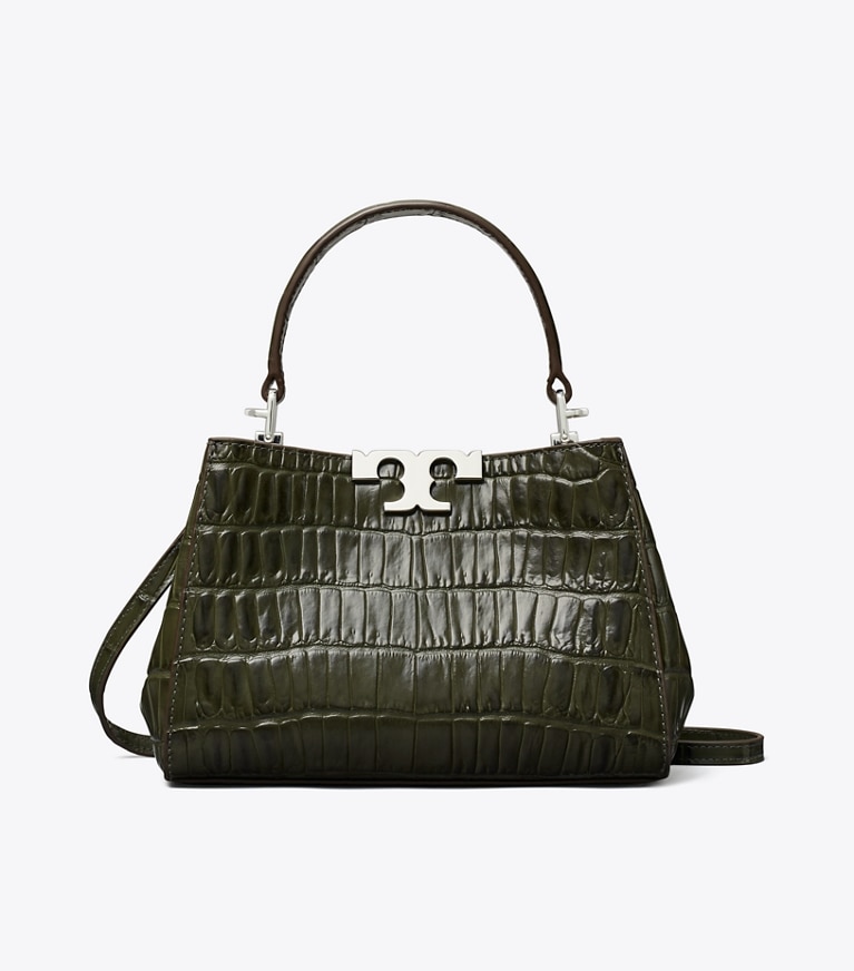 Tory Burch designer crossbody bags Mini Eleanor Croc-Embossed Satchel in Artichoke front