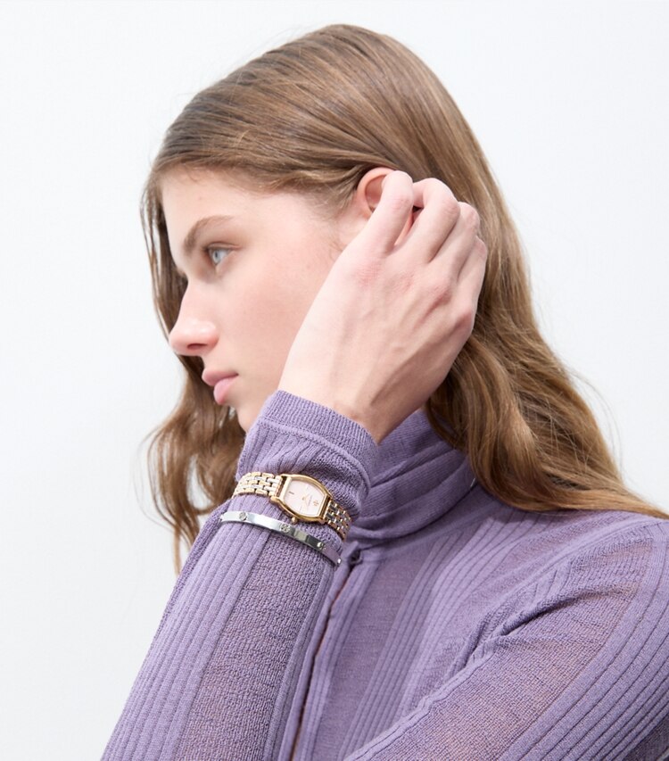 Tory Burch designer strap watches Mini Eleanor Curve Watch in PINK MOP/TWO-TONE accessory on model