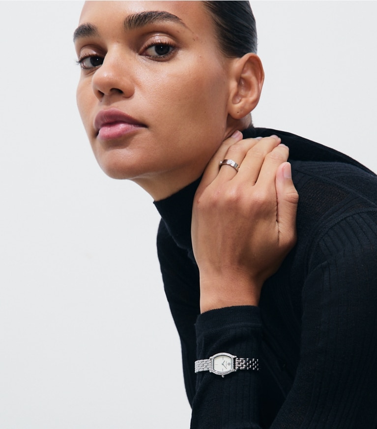 Tory Burch designer strap watches Mini Eleanor Curve Watch in IVORY/SILVER/PAVE accessory on model