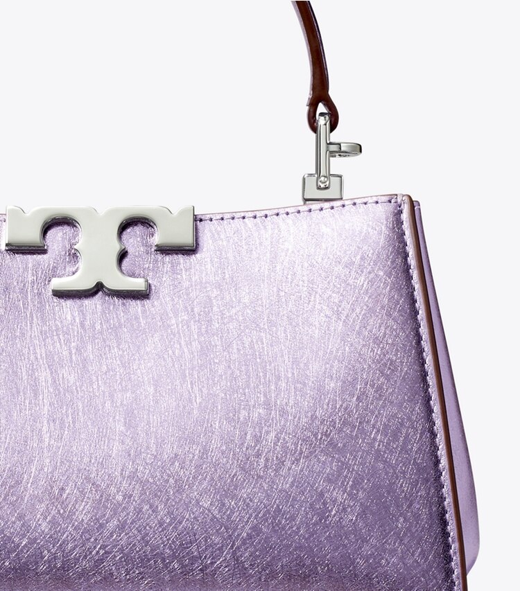 Tory Burch designer crossbody bags Mini Eleanor Metallic Satchel in Lavender Metallic detail