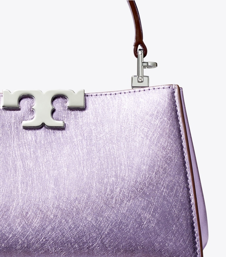Tory Burch designer crossbody bags Mini Eleanor Metallic Satchel in Lavender Metallic angle
