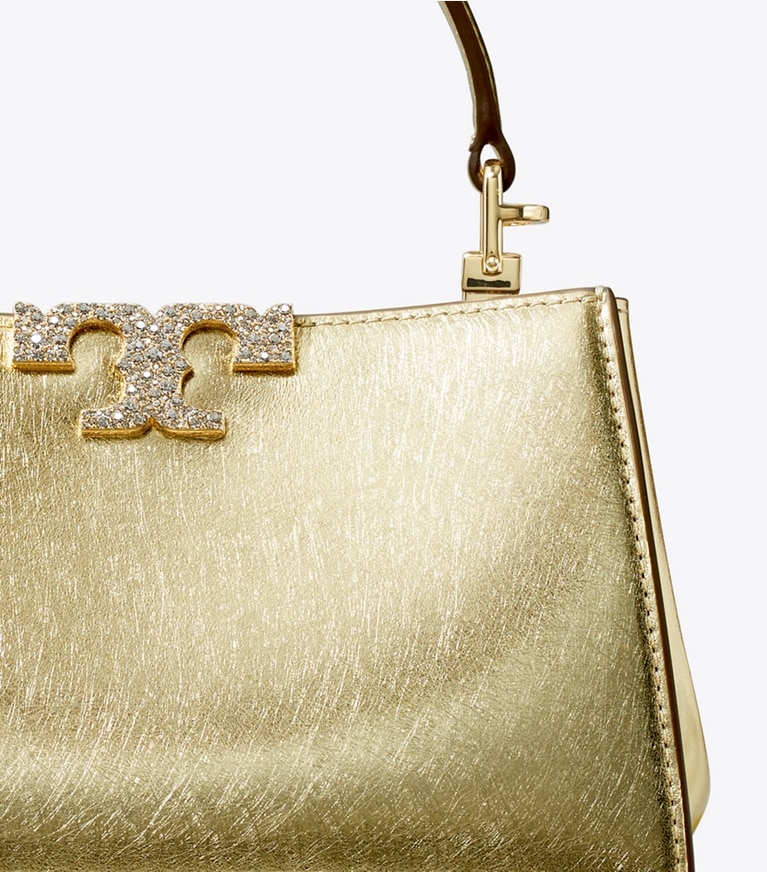 Tory Burch designer crossbody bags Mini Eleanor Metallic Satchel in Bright Gold angle