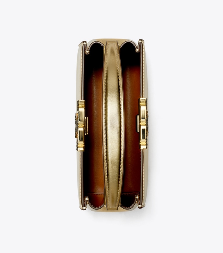 Tory Burch designer crossbody bags Mini Eleanor Metallic Satchel in Bright Gold angle